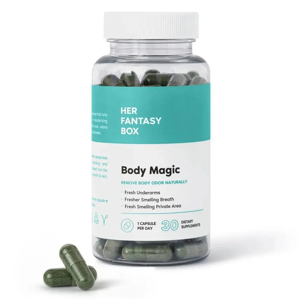 Bottle of Her Fantasy Box Body Magic chlorophyll capsules for natural body odor removal with 30 veggie capsules and two capsules outside the bottle