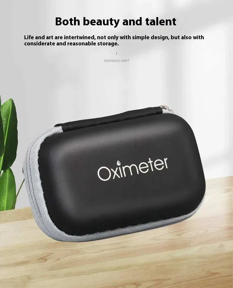 Black hard shell carrying case for oximeter with zipper closure on wooden surface