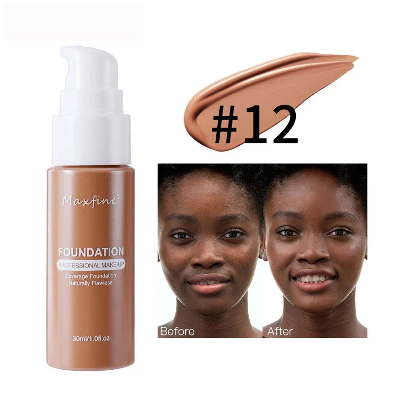 Liquid Foundation & Concealer bottle with shade #12 and before and after application showing smooth, even, natural finish on dark skin tone