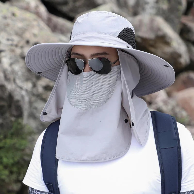 Breathable sunshade cap with wide brim, face cover, and adjustable fit for men and women outdoor activities
