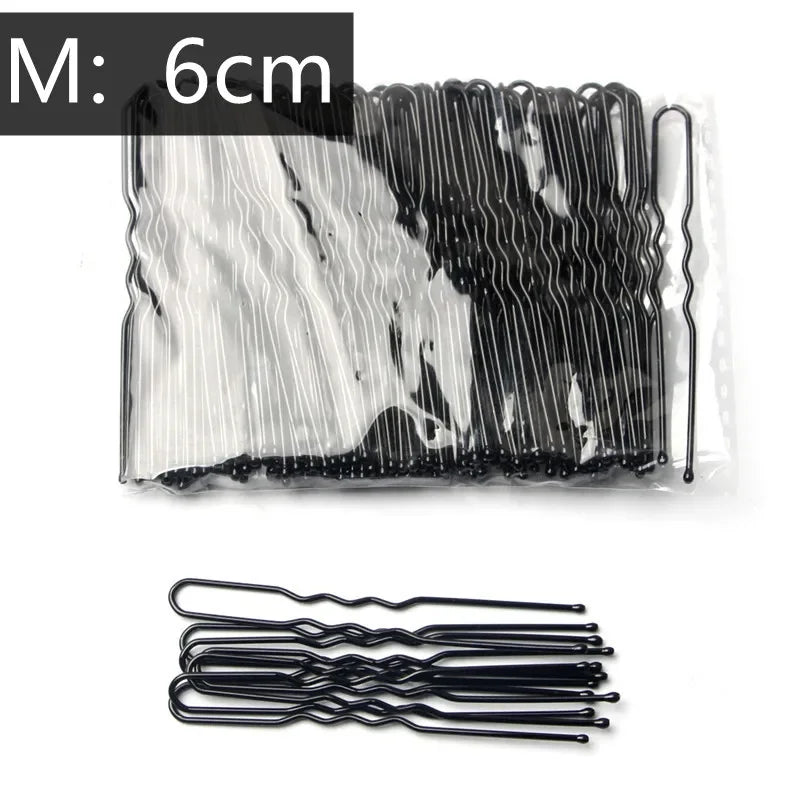 Set of 50 black U-shaped metal hair pins, 6cm length with waved grip for secure hold