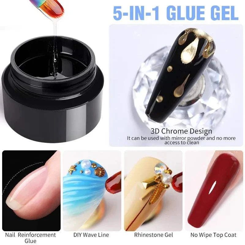BORN PRETTY 10g gel nail glue in black container with dripping gel, showcasing 3D chrome nail art design, rhinestone gel decoration, DIY wave line, red no wipe top gel polish.