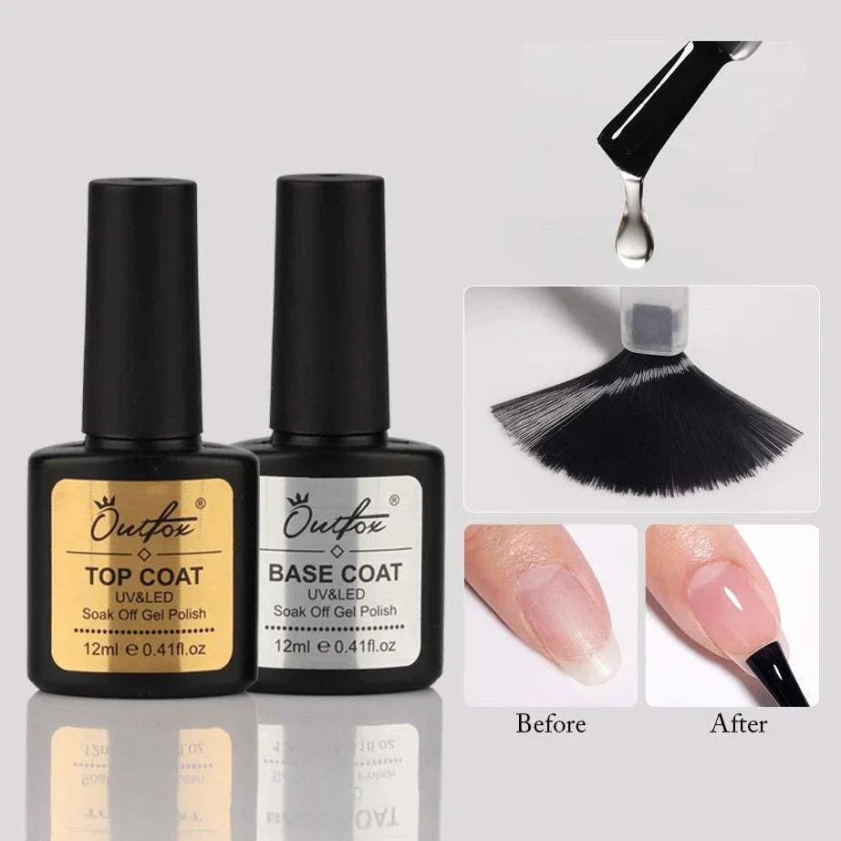 12ml soak off UV gel top coat and base coat set with nail polish brush and before after manicure results