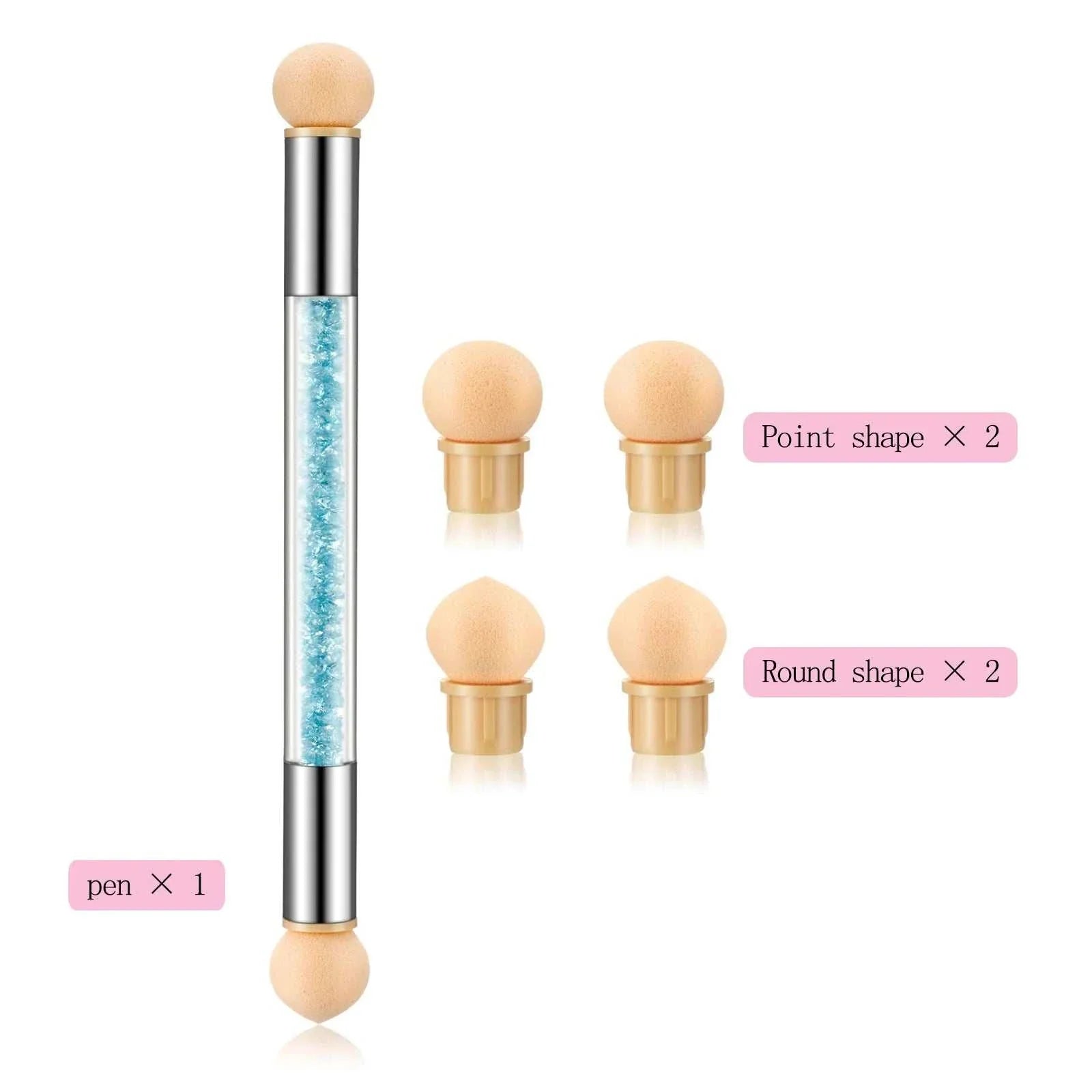 Double-headed sponge nail art brush with interchangeable point and round sponge tips for gradient and dotting designs.