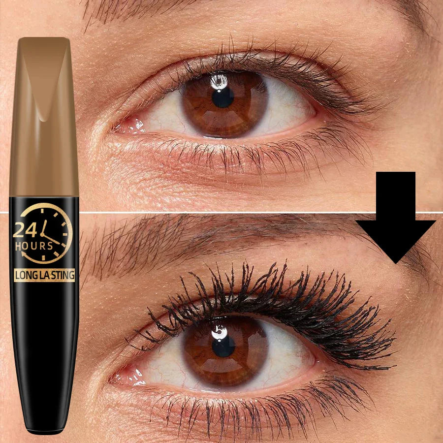 Close-up comparison of eyelashes before and after applying 5D Black Silk Fiber Mascara showcasing lengthening and volumizing effects with 24-hour long-lasting waterproof formula