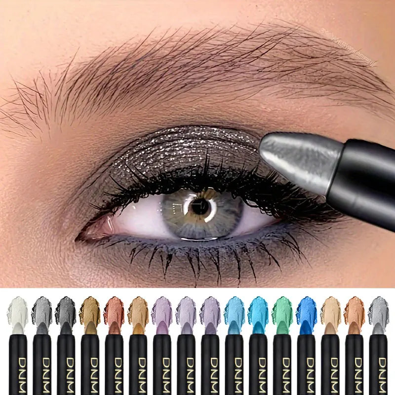 16-color pearlescent glitter eyeliner set applied with shimmering silver shade on eyelid and displayed pencils in various vibrant colors below