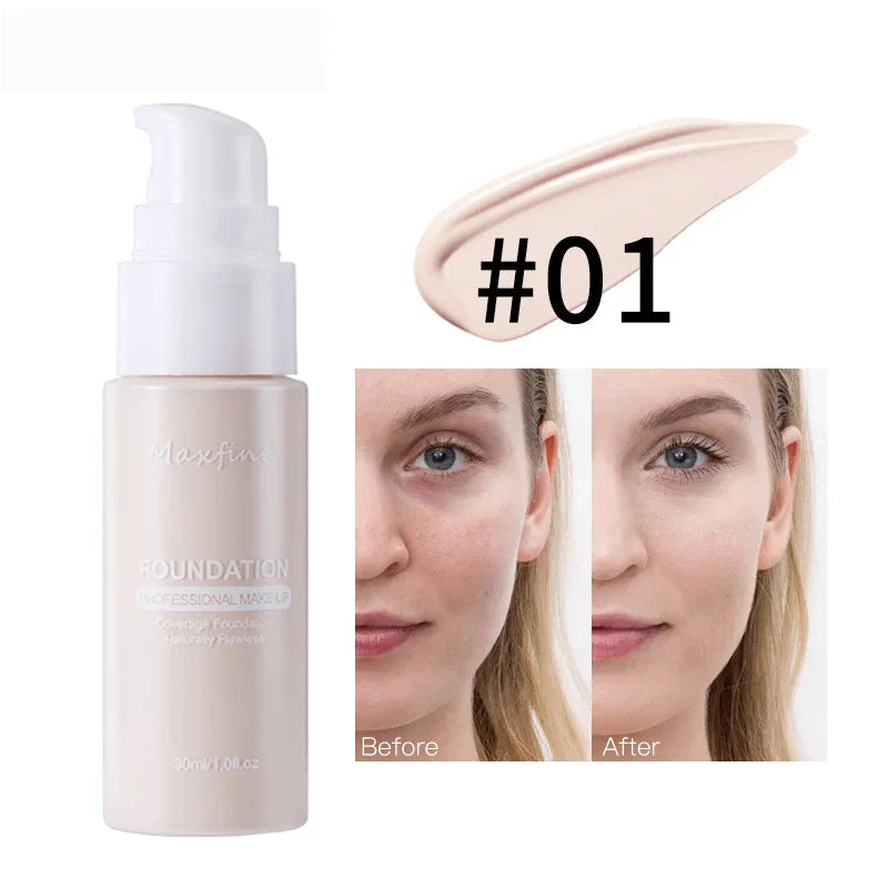 Liquid Foundation & Concealer bottle with shade #01 swatch and before after face showing smooth, even skin tone and full coverage.