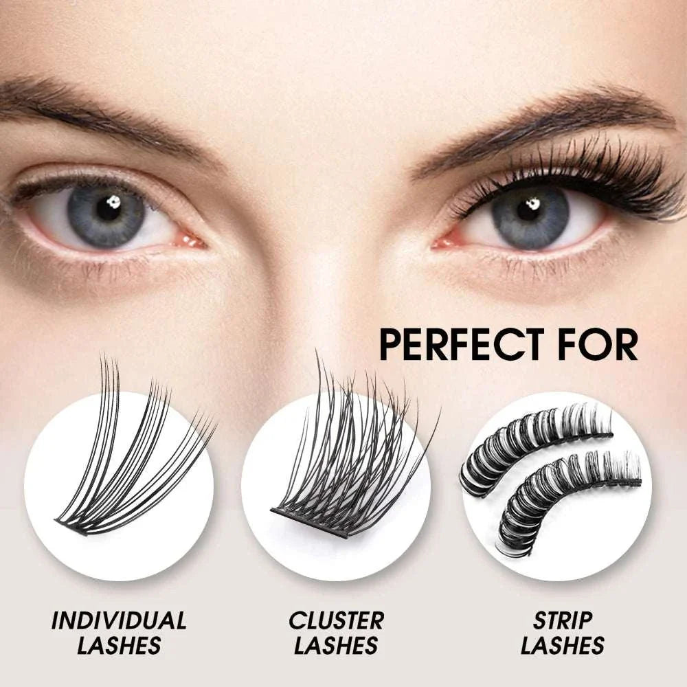 Close-up of eyes showcasing one natural lash and one with long, full lashes, highlighting 2-in-1 Bond & Seal Lash Glue suitable for individual, cluster, and strip lashes.