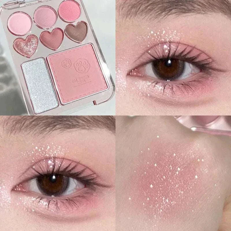 8-color pink orange eyeshadow palette with heart-shaped pans, blended pink eye makeup with shimmer and highlighter on skin.