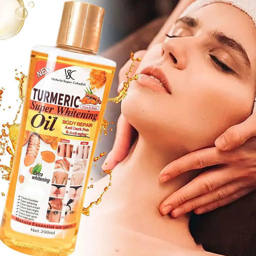 Turmeric face whitening and brightening serum bottle beside woman receiving facial treatment for radiant skin tone