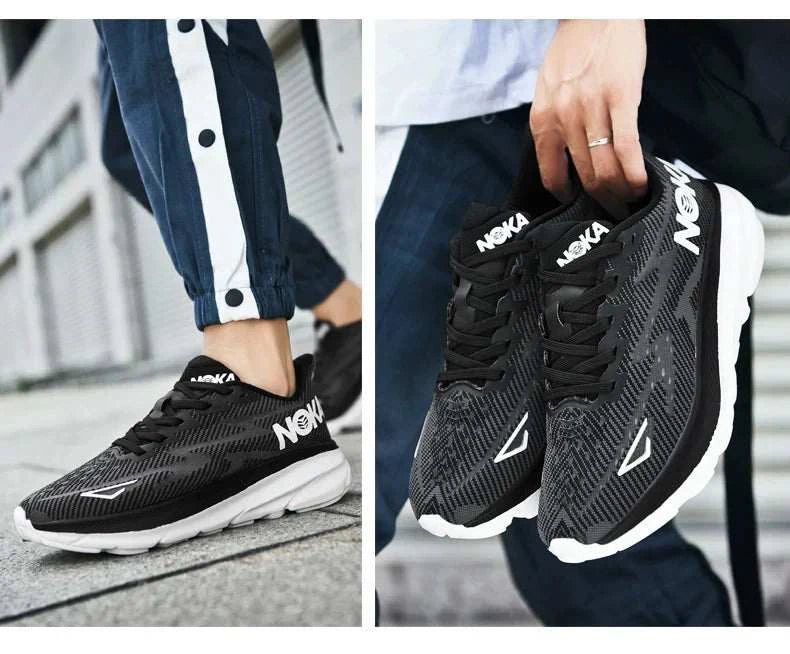 Black Carbon Plate Air Cushion running shoes with white soles, lightweight breathable mesh upper, and ergonomic unisex design for enhanced speed and shock absorption.