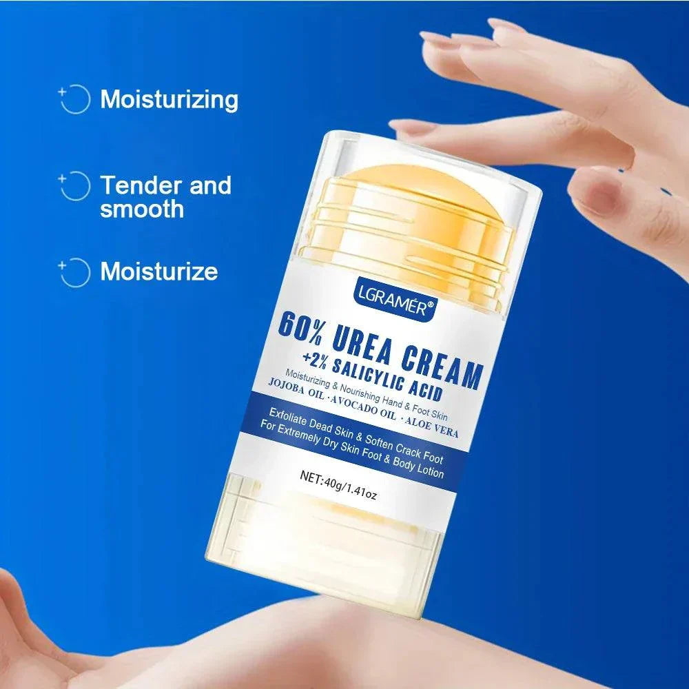 Bottle of Lgramer 60% Urea Foot Cream with 2% Salicylic Acid for moisturizing and softening dry, cracked feet against blue background