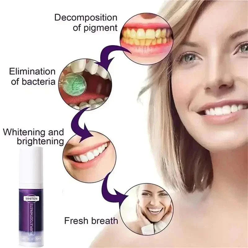 5D Teeth Whitening Stick with deep stain removal, bacteria elimination, brightening, and fresh breath benefits shown with smiling woman and product image