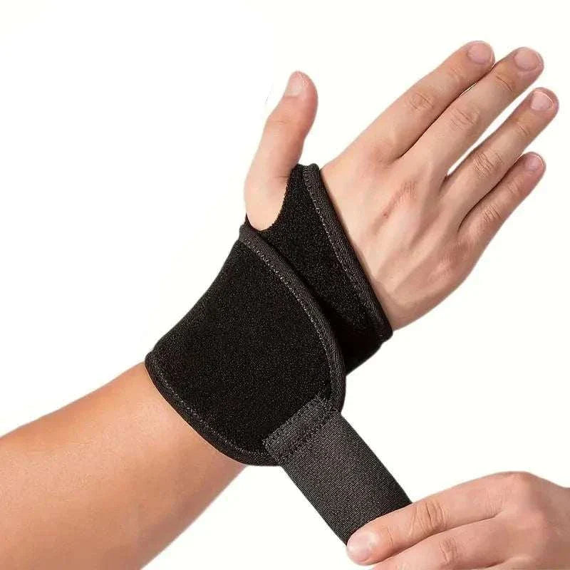 Adjustable wrist brace in black with customizable strap for right or left hand support.