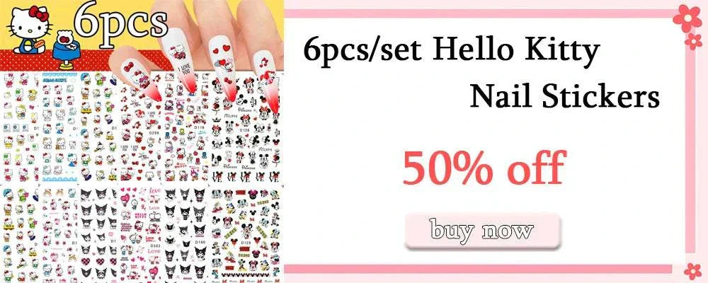 Hello Kitty nail stickers set with 6 sheets, 50% off promotion, featuring various cartoon designs.