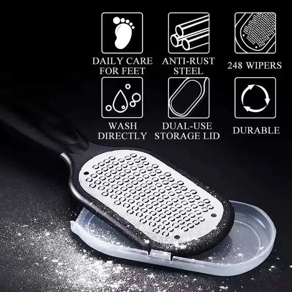 Professional foot file rasp with anti-rust steel, dual-use storage lid, and durable design for daily foot care and callus removal.