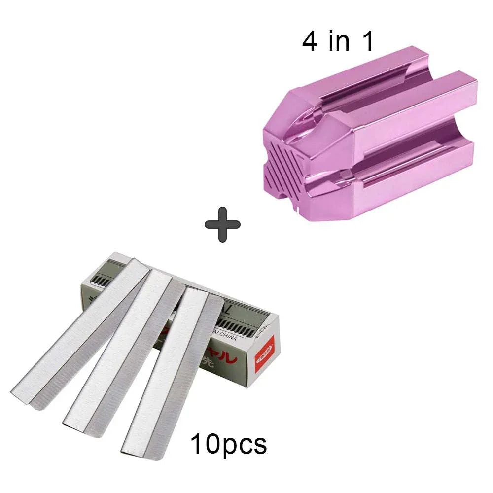 Pink 4-in-1 eyebrow sharpener with 10 silver precision trimmer blades for eyebrow grooming and shaping kit