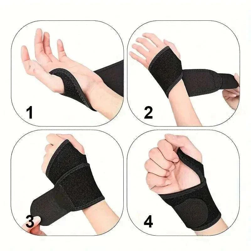 Adjustable wrist brace shown in step-by-step application on a hand with black breathable material and secure velcro straps