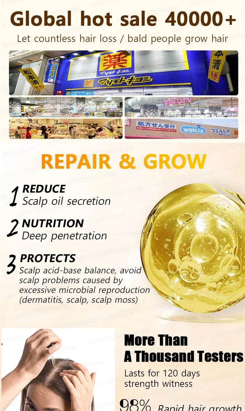 Hair growth treatment with natural ingredients for reducing hair loss, nourishing scalp, protecting hair health, and stimulating faster regrowth.