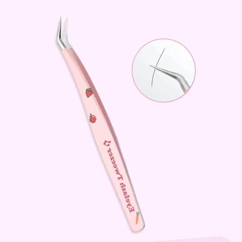 Pink curved false eyelash tweezer with precision tip and anti-static stainless steel design for easy lash application and removal.