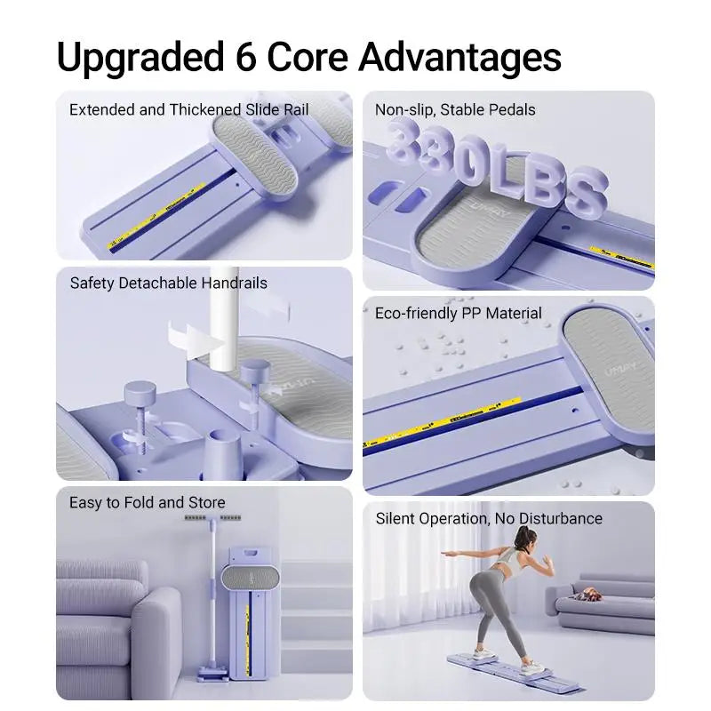 Foldable 3-in-1 ski trainer with foldable design, non-slip pedals, adjustable resistance, and safety handrails for postpartum leg, hip, and pelvic strength training at home