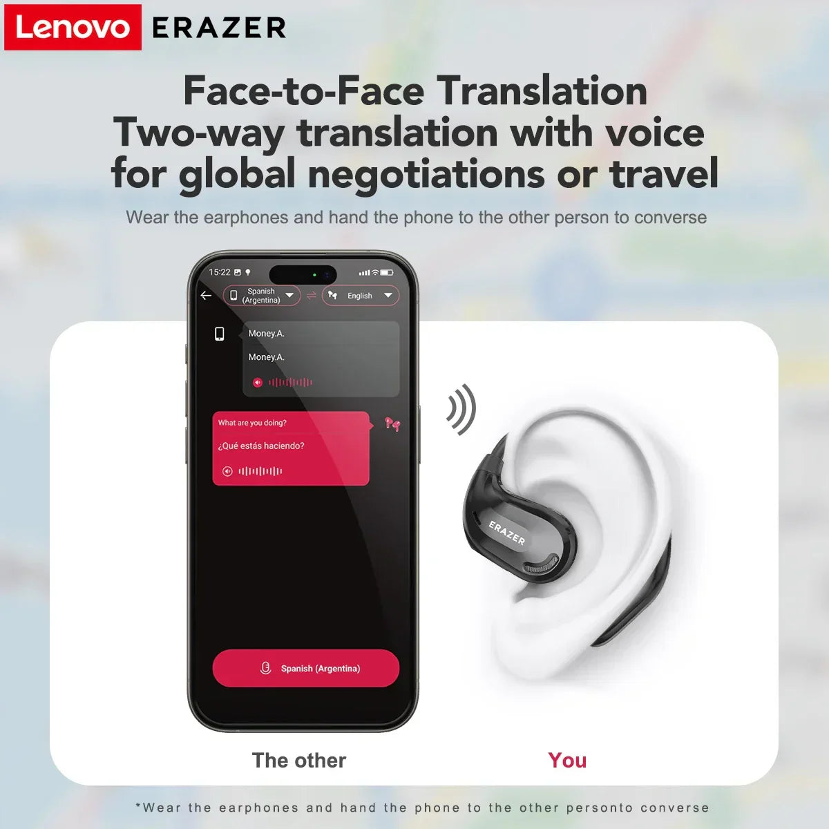 ERAZER XT66PRO Bluetooth earphones with AI translator, face-to-face two-way voice translation, black wireless design shown in ear next to smartphone app interface