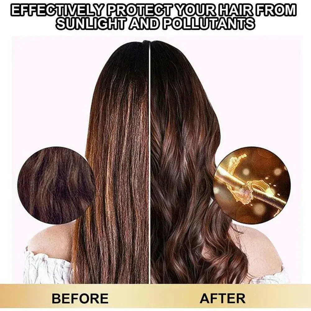 Before and after use of Magical Keratin Hair Mask showing smooth, shiny, and frizz-free hair with protection from sunlight and pollutants.