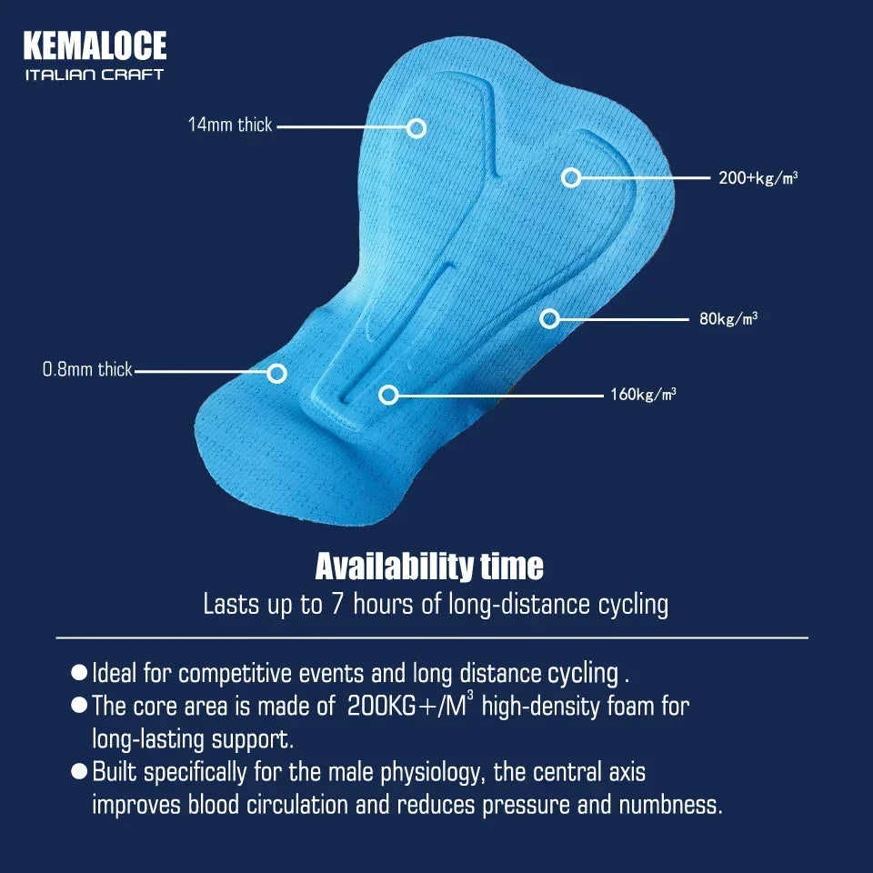 KEMALOCE Men’s Cycling Bib Shorts with 5D gel padded blue and black breathable compression fit design for long-distance cycling
