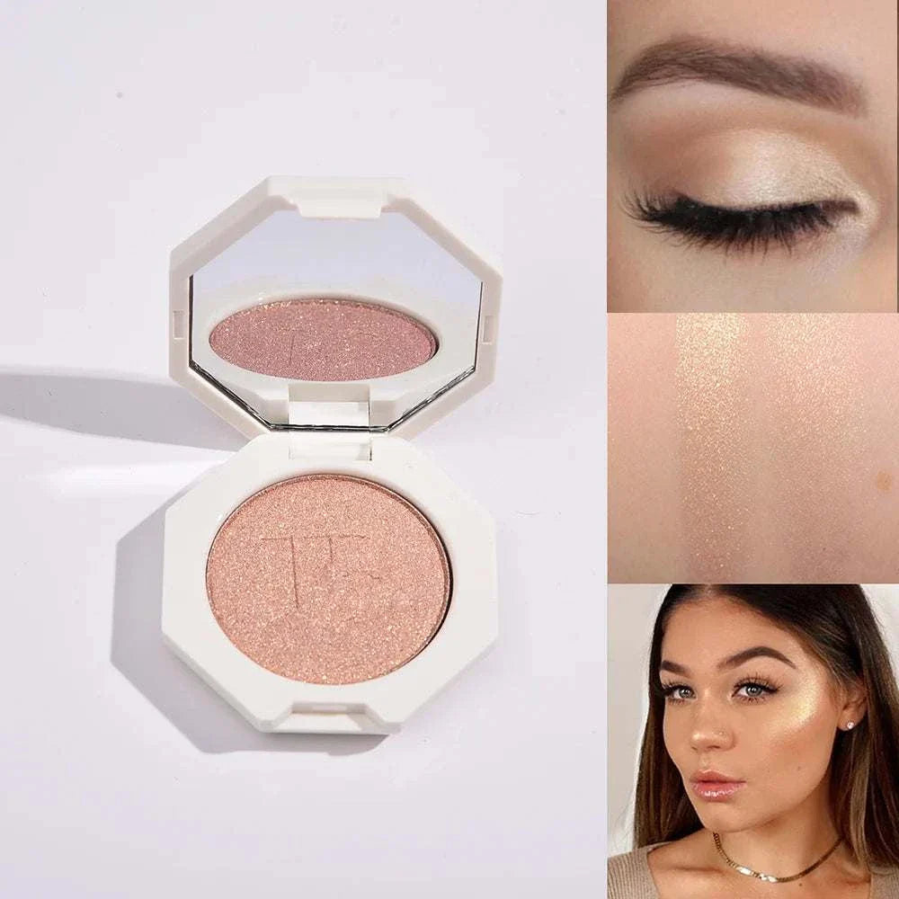 Compact Face & Body Shimmering Highlighter in pink with 3D diamond shine and smooth, blendable texture for radiant glow on skin.