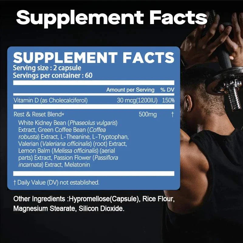 Supplement facts label for Night Time Fat Burner Supplement showing ingredients and serving size with a muscular man lifting weights in the background.