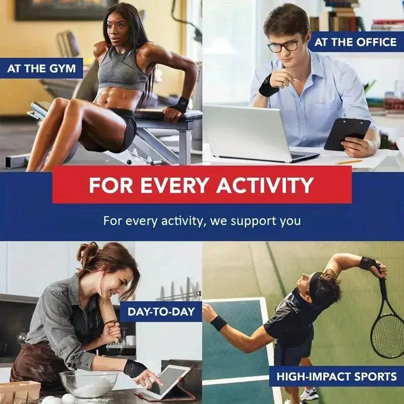 Adjustable wrist brace worn by men and women for gym, office, day-to-day activities, and high-impact sports support.