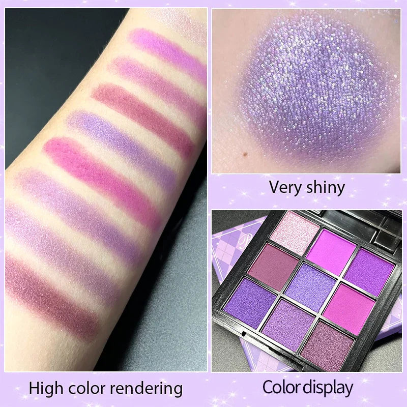 9-Grid Red & Purple Eyeshadow Palette showing vibrant swatches with shimmer and matte finishes, high color rendering and shiny purple glitter shades