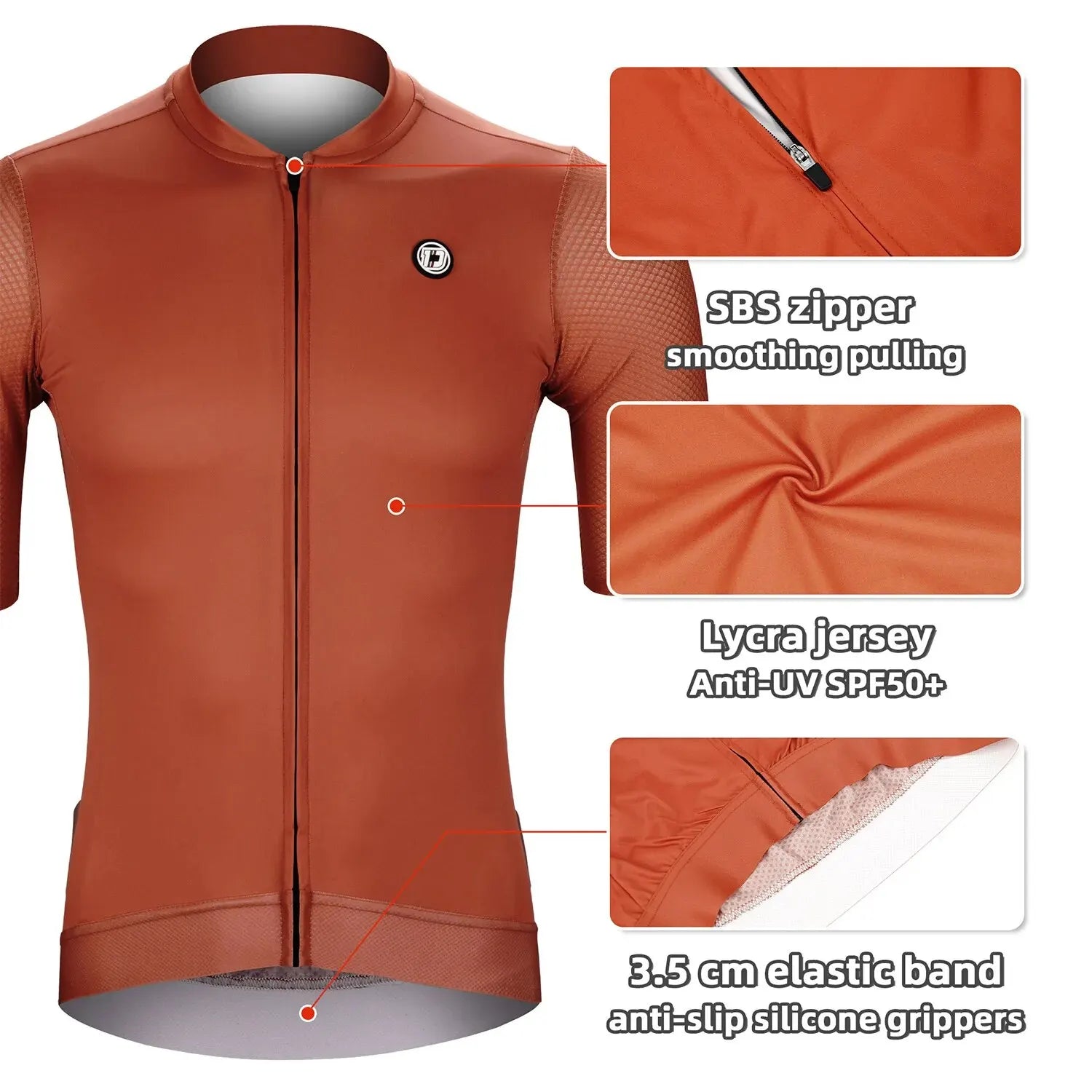 DAREVIE Cycling Jersey in orange with SPF 50+ UV protection, breathable Lycra fabric, SBS zipper, and anti-slip silicone grippers