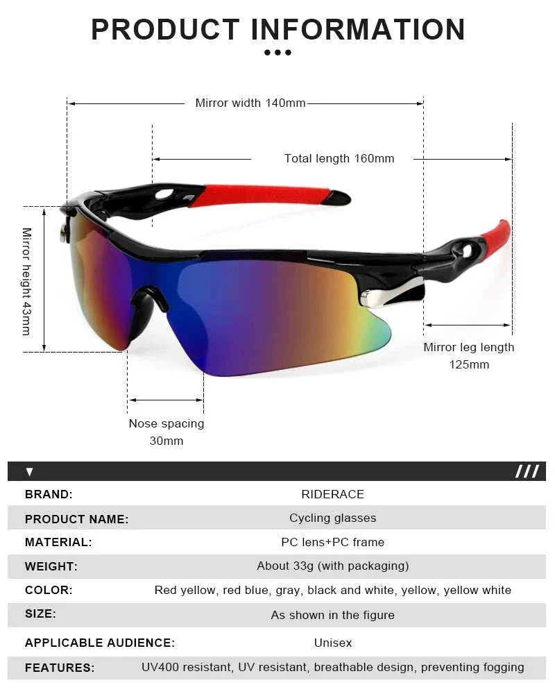 RIDERACE Sports Men Sunglasses cycling glasses with UV400 protection, lightweight durable frame, anti-slip nose pads, and aerodynamic design in multicolor options.