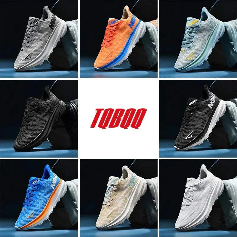 Collection of unisex Carbon Plate Air Cushion running shoes in various colors with breathable mesh uppers and durable rubber outsoles for enhanced speed and shock absorption