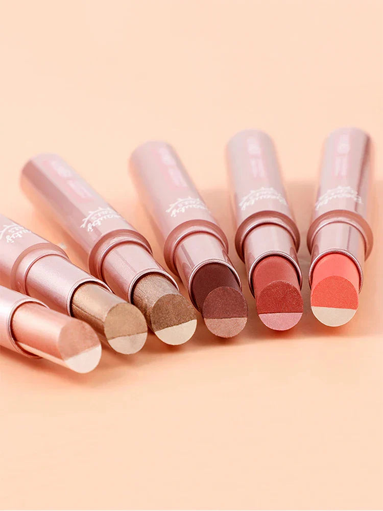 Gradient two-color eye shadow pens in various shimmer shades with dual-tone design for easy application