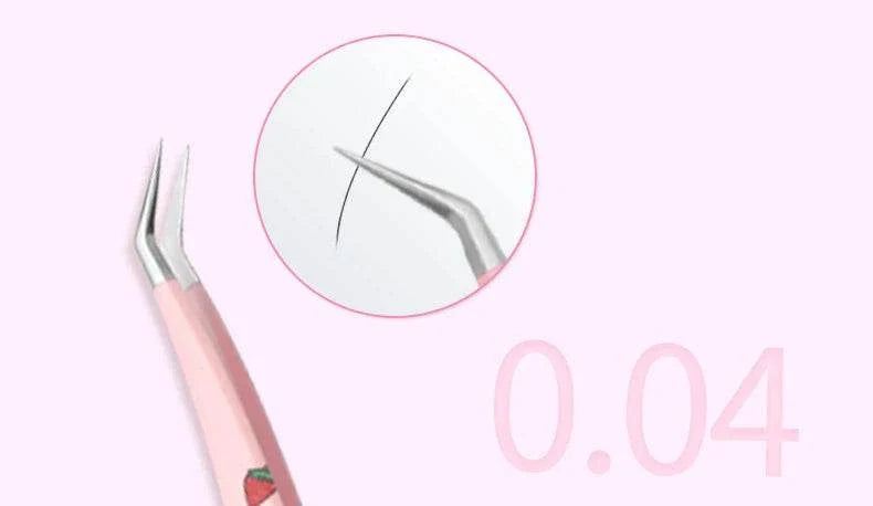 Precision angled false eyelash tweezers with stainless steel tips and ergonomic pink handle for flawless lash application.