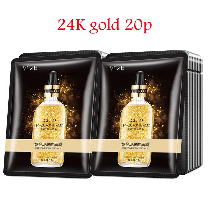 20pcs Hyaluronic Acid Collagen Face Mask set with gold-infused hydrating and firming sheet masks for deep skin moisture and elasticity