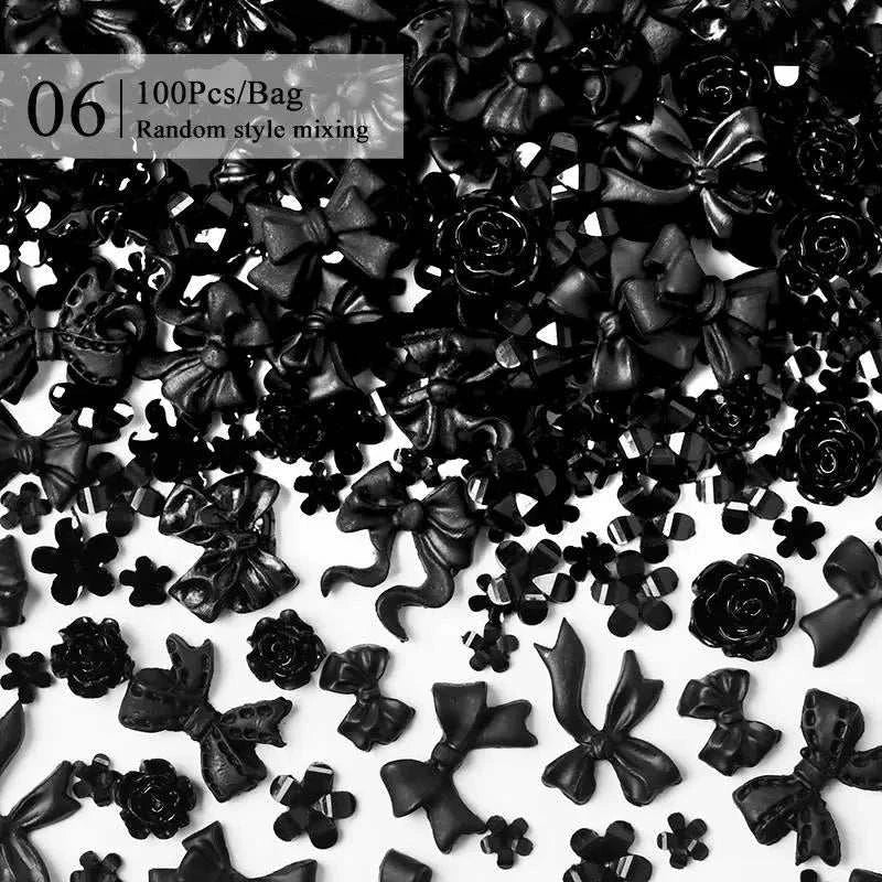 Black 3D nail art rhinestones and decorations mixed in various shapes for nail embellishment