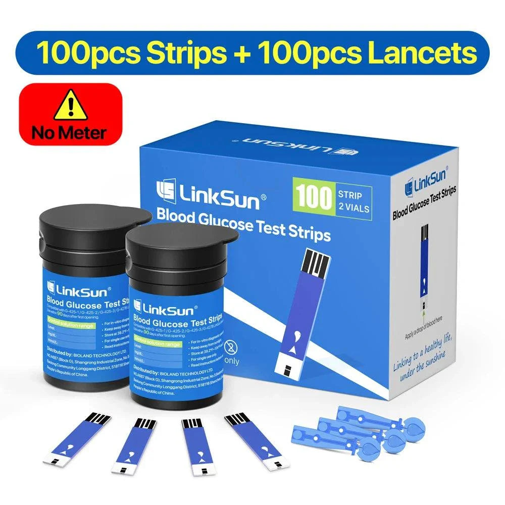 LinkSun blood glucose test strips and lancets kit with 100 strips and 100 lancets for diabetes monitoring