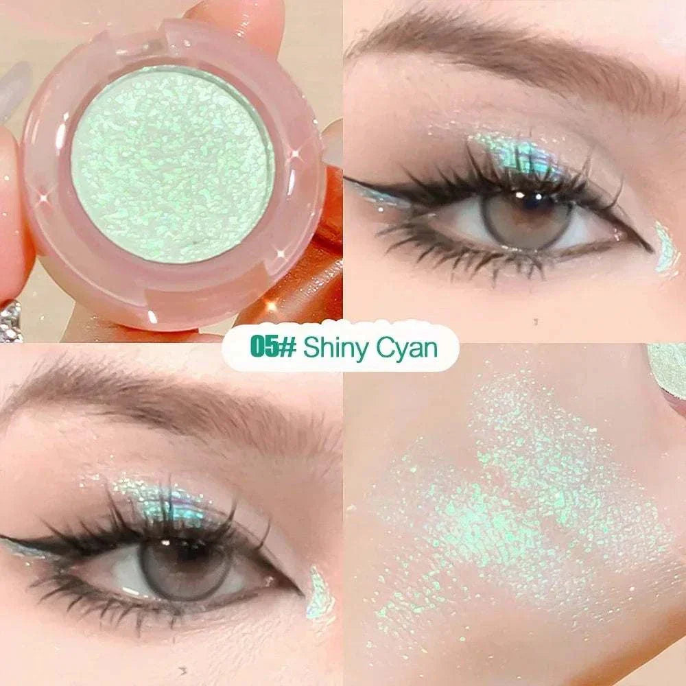 Diamond Glitter Monochrome Eyeshadow Palette in Shiny Cyan with shimmering glitter and 3D sparkle on eyelids and cheek.