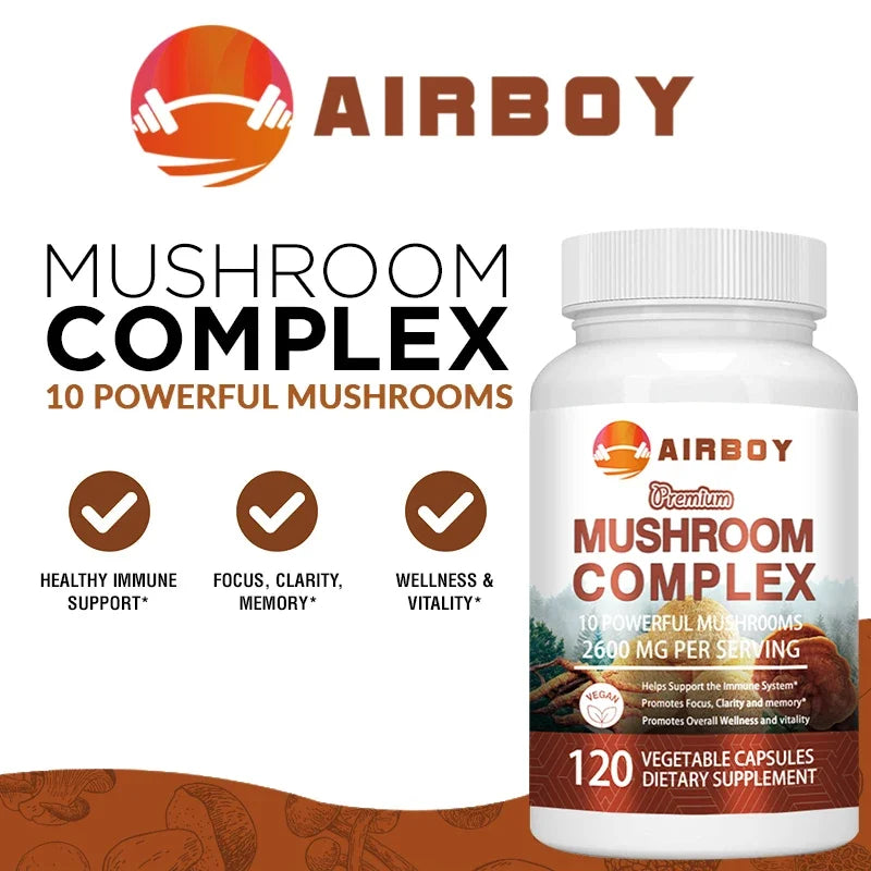 Airboy Mushroom Complex Capsules dietary supplement bottle with 10 powerful mushrooms for immune support, focus, memory, and vitality.