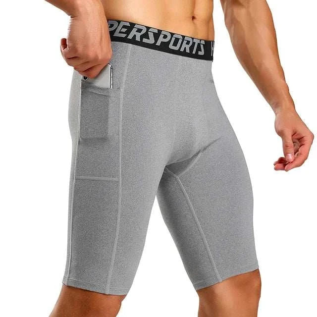 Men’s gray compression shorts with side pocket, breathable and flexible fabric for sports and gym training