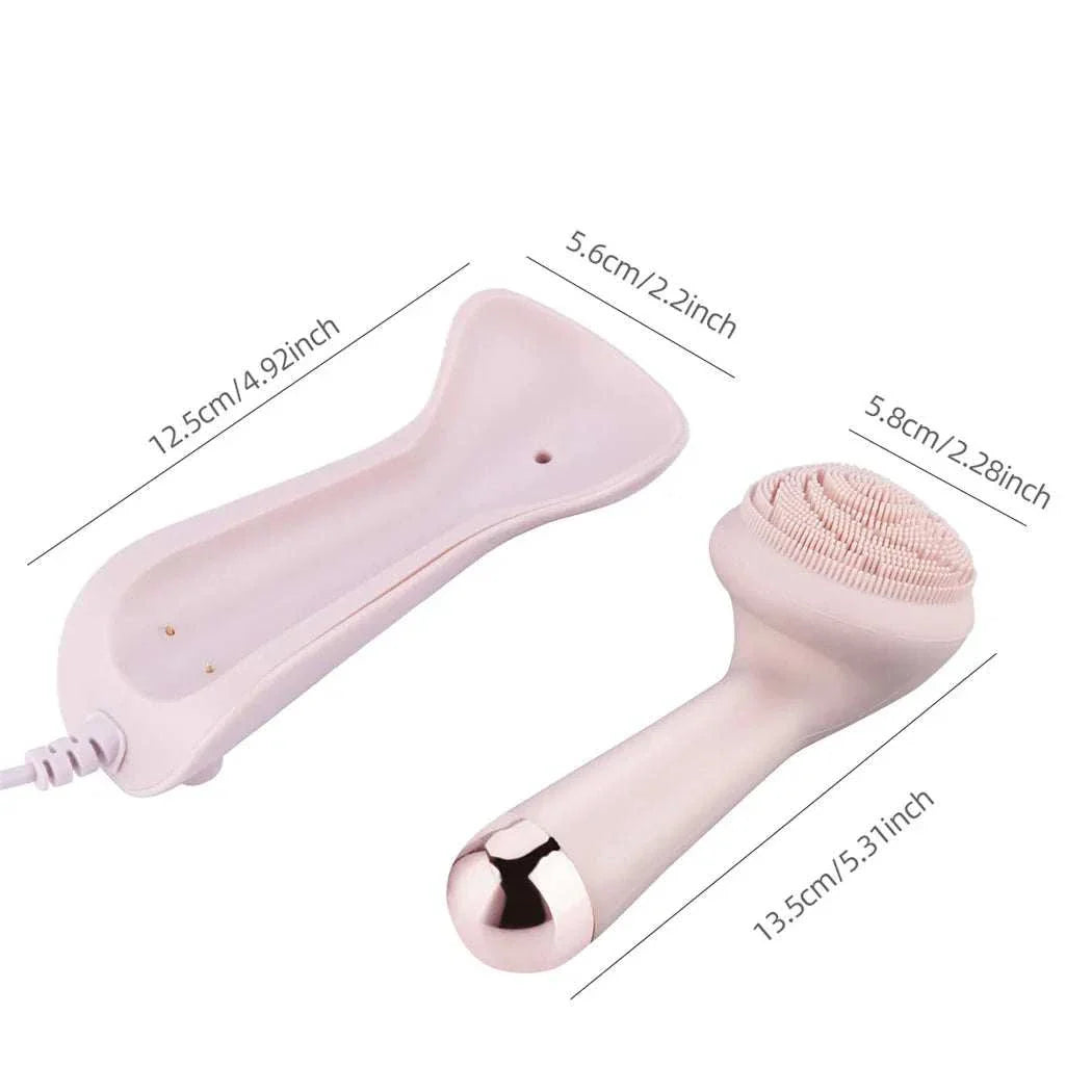 Electric silicone facial brush with soft bristles and rechargeable charging base for deep pore cleansing and massage.
