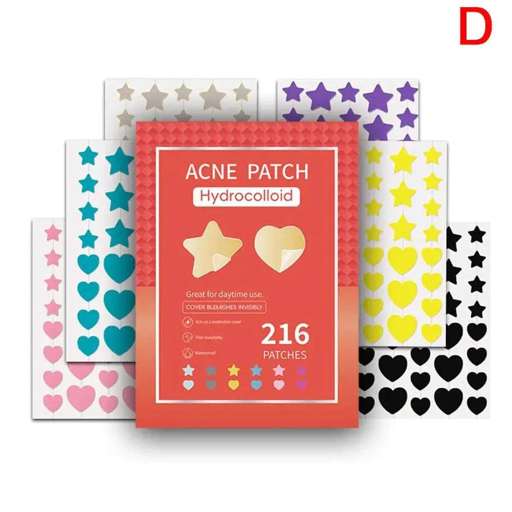 Colorful star-shaped and heart acne hydrocolloid patches in multiple colors with resealable packaging for acne treatment and skin protection.