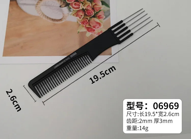 Professional hair tail comb with stainless steel tail and fine teeth for precise styling and parting, 19.5cm long and 2.6cm wide.