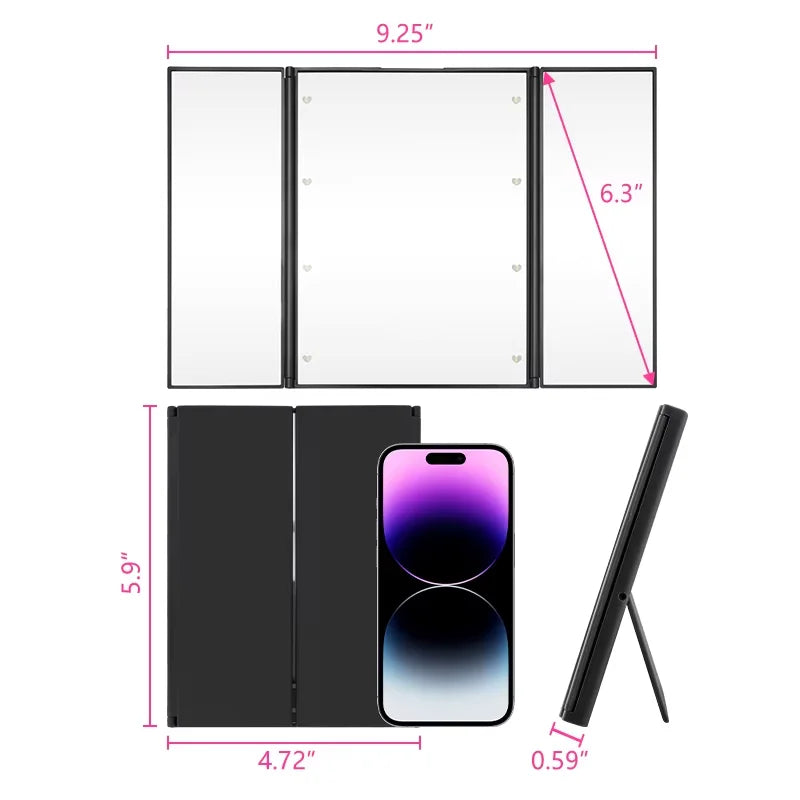 Three-sided LED makeup mirror with adjustable panels, bright LED lighting, compact and portable design next to smartphone for size reference