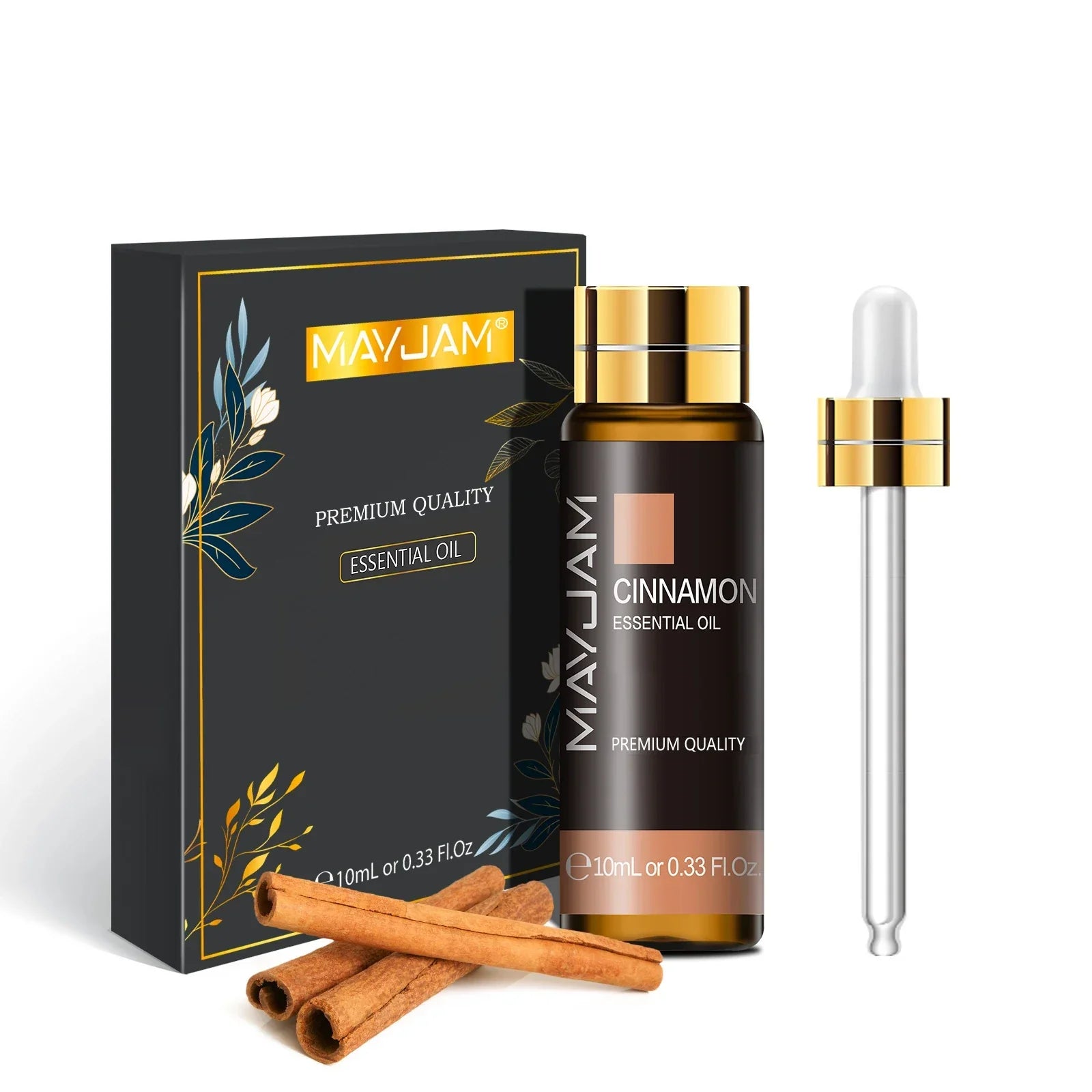 MAYJAM Essential Oil cinnamon scent 10ml bottle with dropper and packaging featuring premium quality design and cinnamon sticks