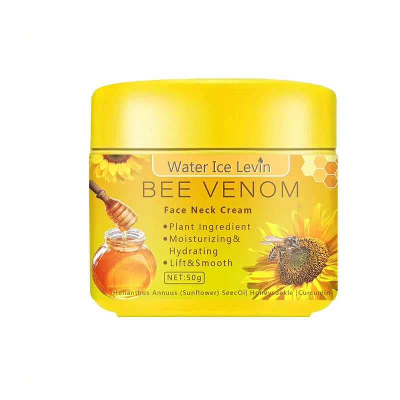 Bee Venom Neck Cream moisturizing and firming anti-aging skincare with natural ingredients and honey extract in yellow jar