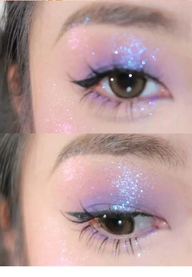 Close-up of eyes with shimmering purple and blue diamond glitter monochrome eyeshadow and winged eyeliner using Diamond Glitter Monochrome Eyeshadow Palette
